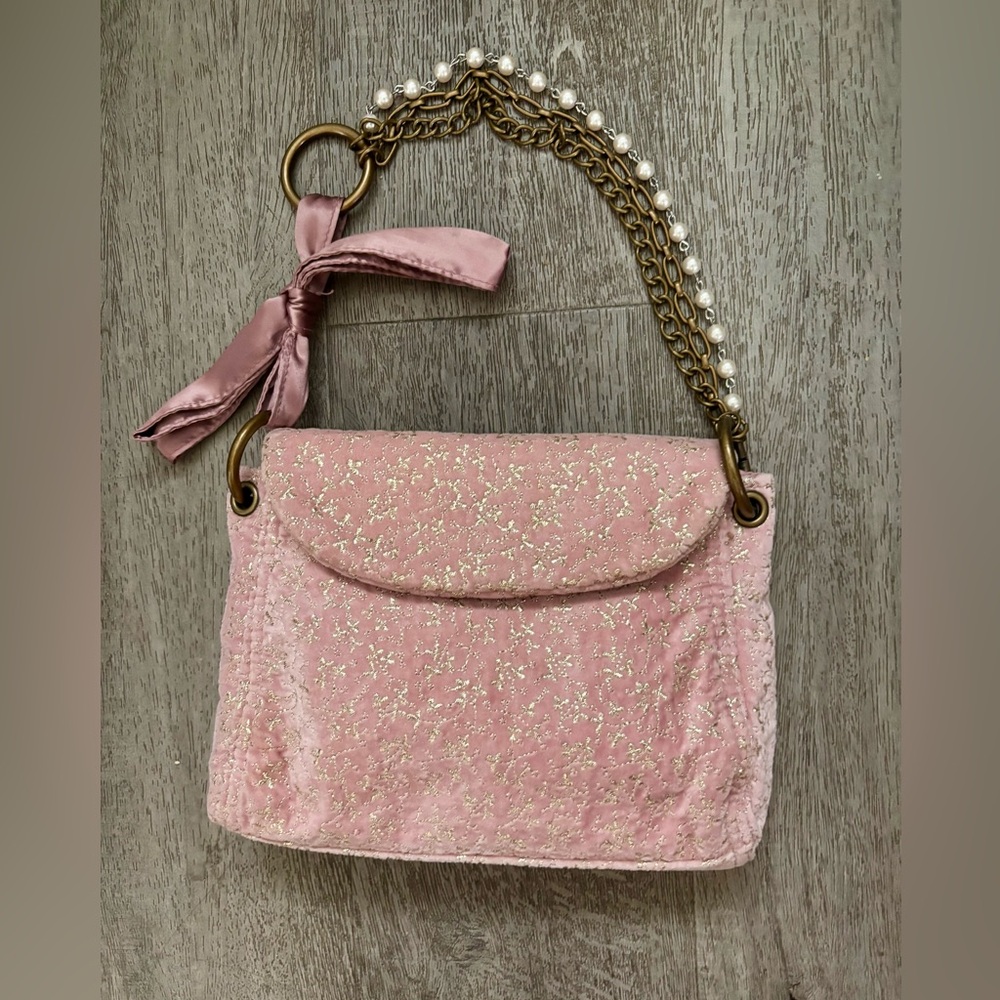 GAP Y2K Pink Velvet Chain Faux Pearls Strap with Ribbon Barbiecore Girly Prom